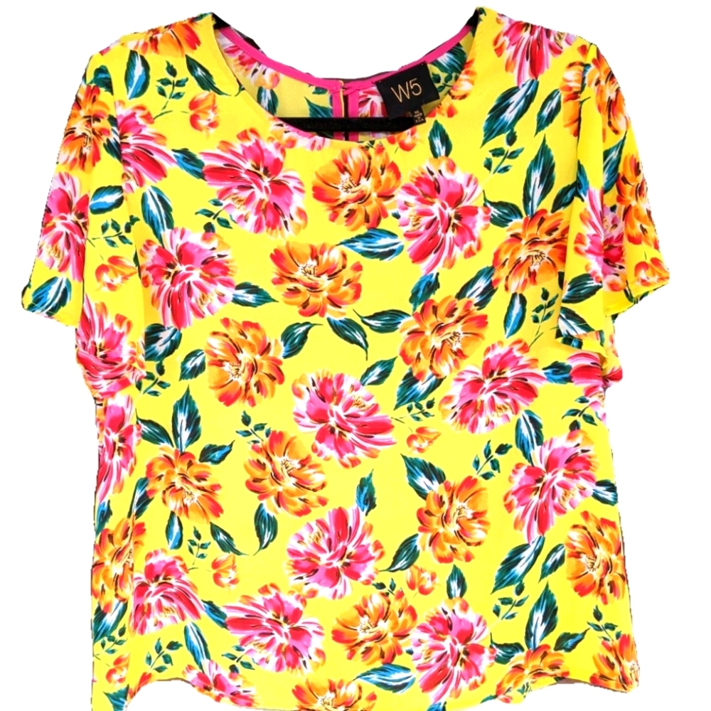 W5 Yellow Floral Short Sleeve Blouse Size XL